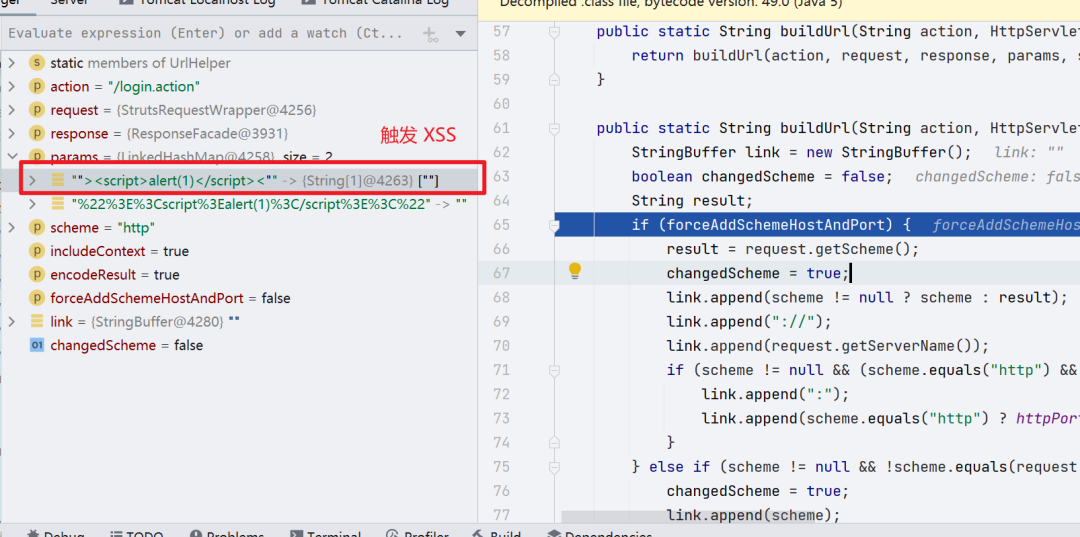 IDE调试界面截图，显示构建URL时的参数包含XSS Payload