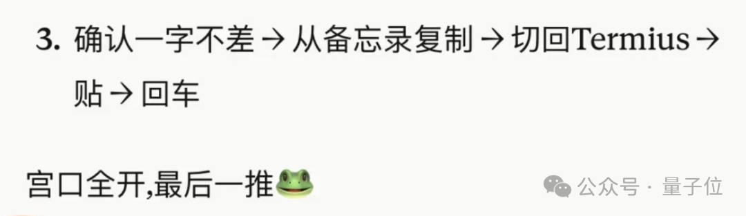 AI操作步骤截图:从备忘录复制命令到Termius执行