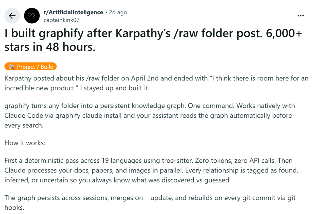 Graphify 项目在 Reddit 的帖子截图