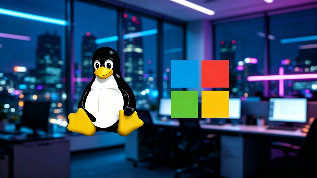Linux企鹅与Windows标志在科技感办公室夜景中的合成图