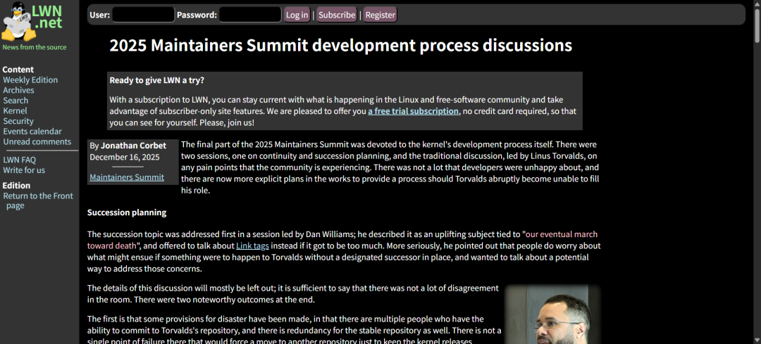 LWN.net关于2025年维护者峰会及项目连续性讨论的页面截图