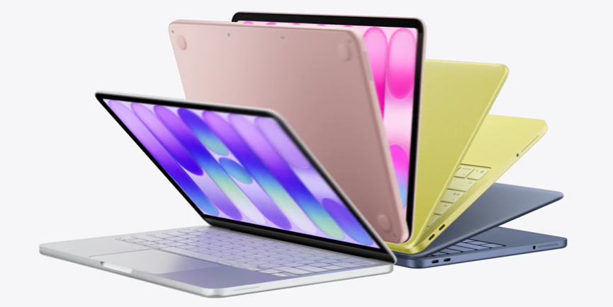 四台堆叠的彩色MacBook笔记本