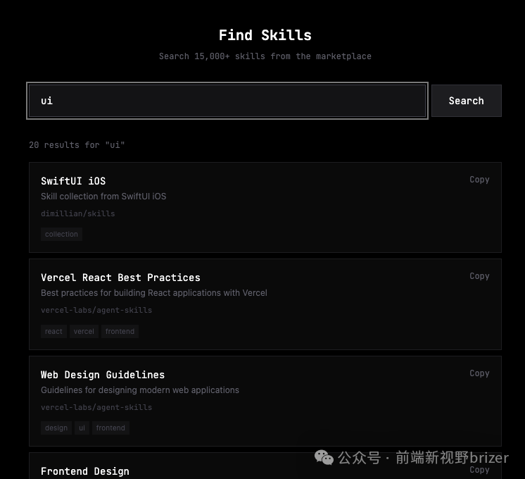 SkillKit技能市场搜索界面示例