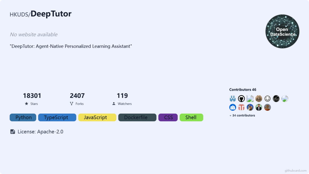 HKUDS/DeepTutor GitHub项目概览卡片