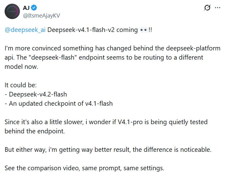AJ 推文截图:deepseek-flash 端点可能路由至新模型