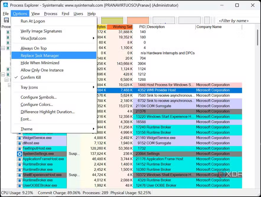Process Explorer Options 菜单 Replace Task Manager 选项