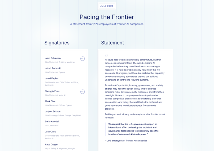 Pacing the Frontier公开信截图，显示标题、签署者名单及声明正文