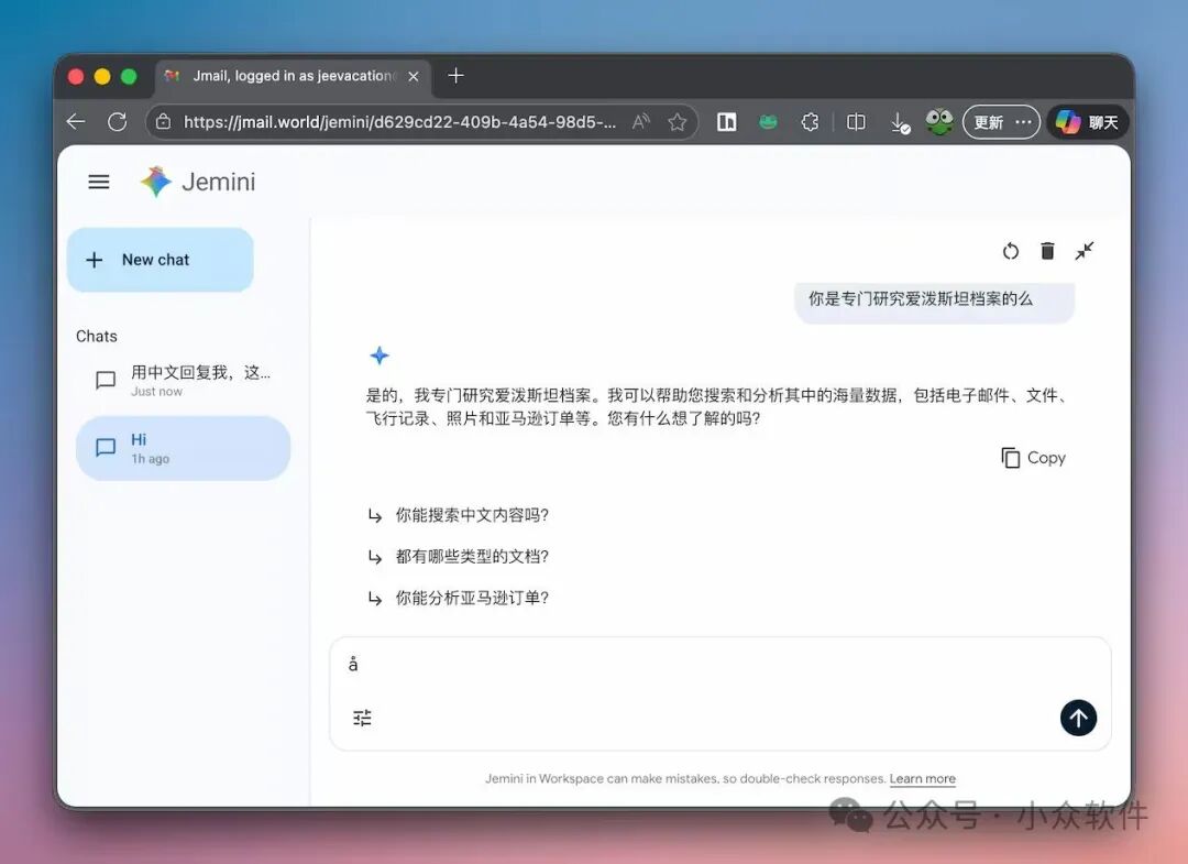 Jemini AI 对话界面截图，展示中文问答