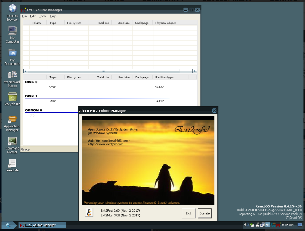 ReactOS中运行Ext2 Volume Manager