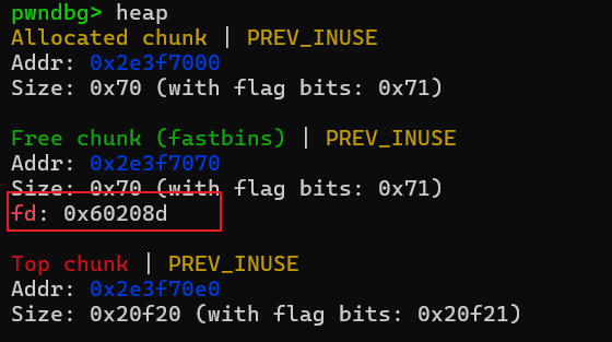 修改fd指针后的堆状态截图