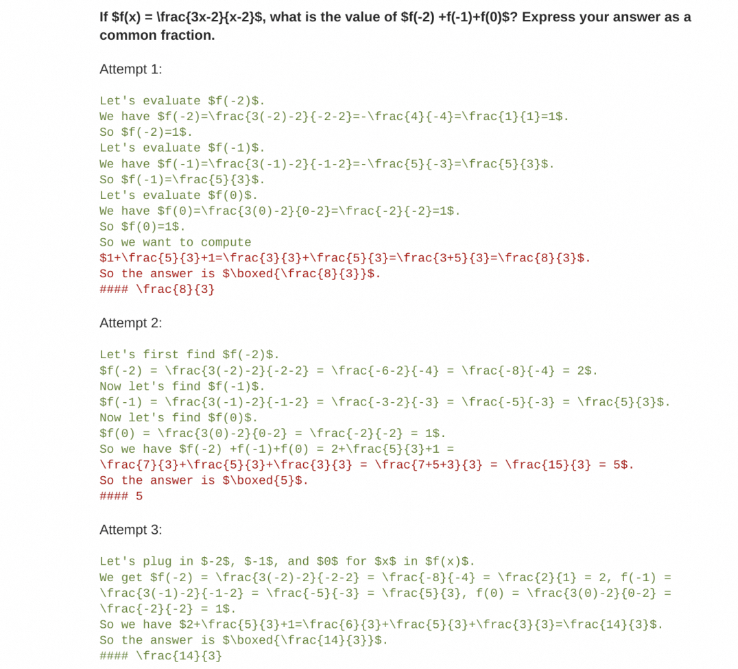 图片展示了一个数学问题及其三种不同的解题尝试,涉及函数 f(x) = \frac{3x-2}{x-2} 的值计算,包括 f(-2)、f(-1) 和 f(0),并要求以最简分数形式表达结果。每种尝试都包含代入计算过程和中间步骤,最终答案在不同尝试中不一致,分别为 \frac{8}{3}、5、\frac{14}{3},且使用了 LaTeX 数学格式。