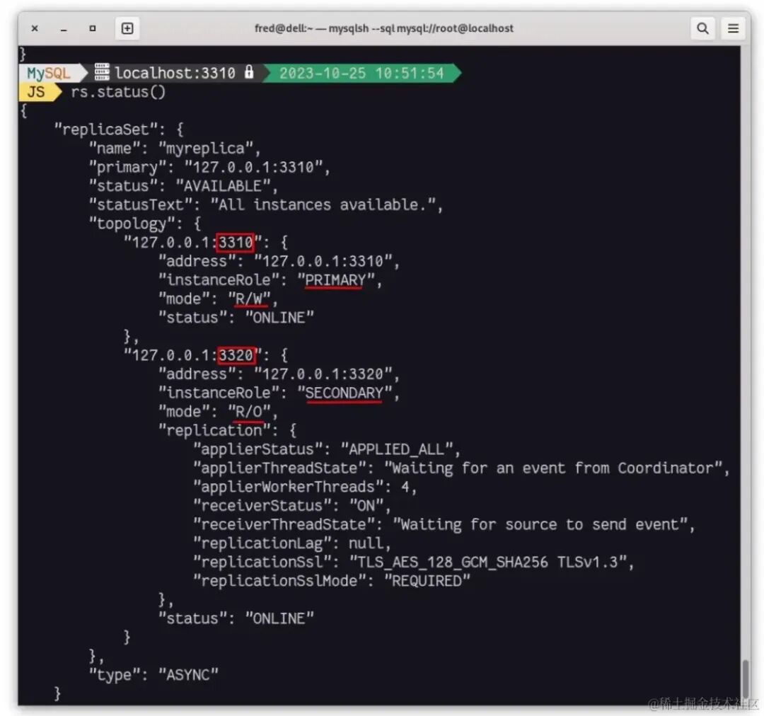 MySQL Shell 中 InnoDB ReplicaSet 的状态信息