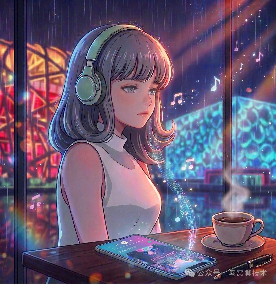 动漫风格少女在雨夜窗边戴着耳机听音乐，画面充满科技与文艺氛围
