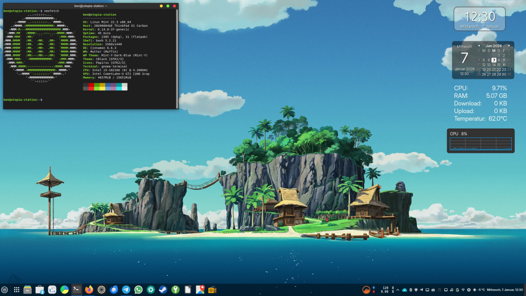 Linux Mint 22.3 桌面截图:neofetch 系统信息与动漫海岛壁纸