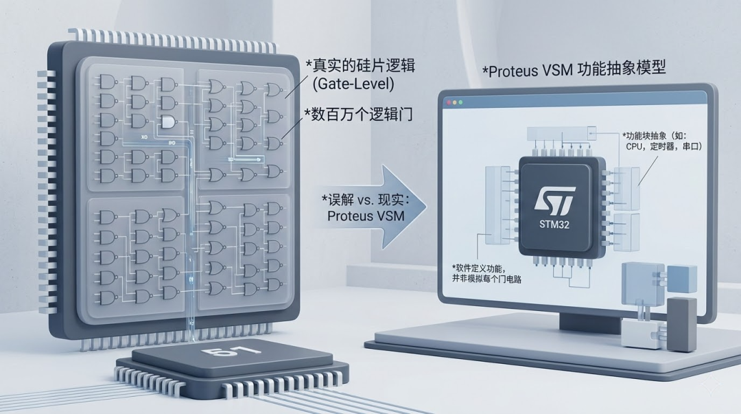 真实硅片逻辑与Proteus VSM功能抽象模型对比