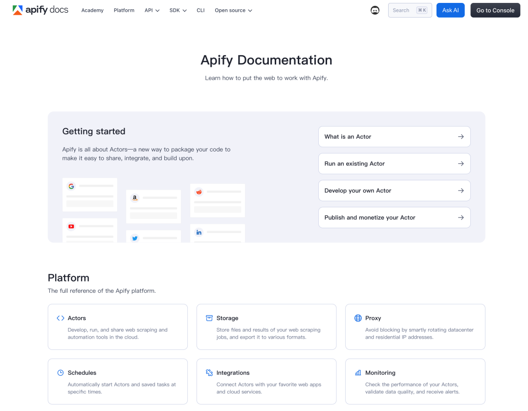 Apify平台官方文档截图，展示了Actors、Storage、Proxy等功能模块