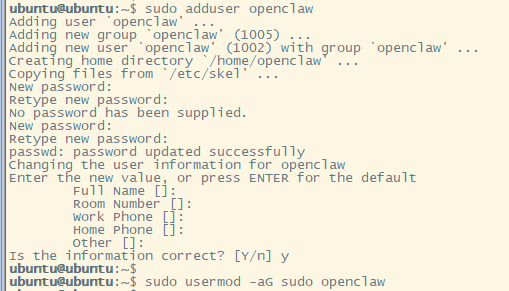 创建openclaw用户并加入sudo组