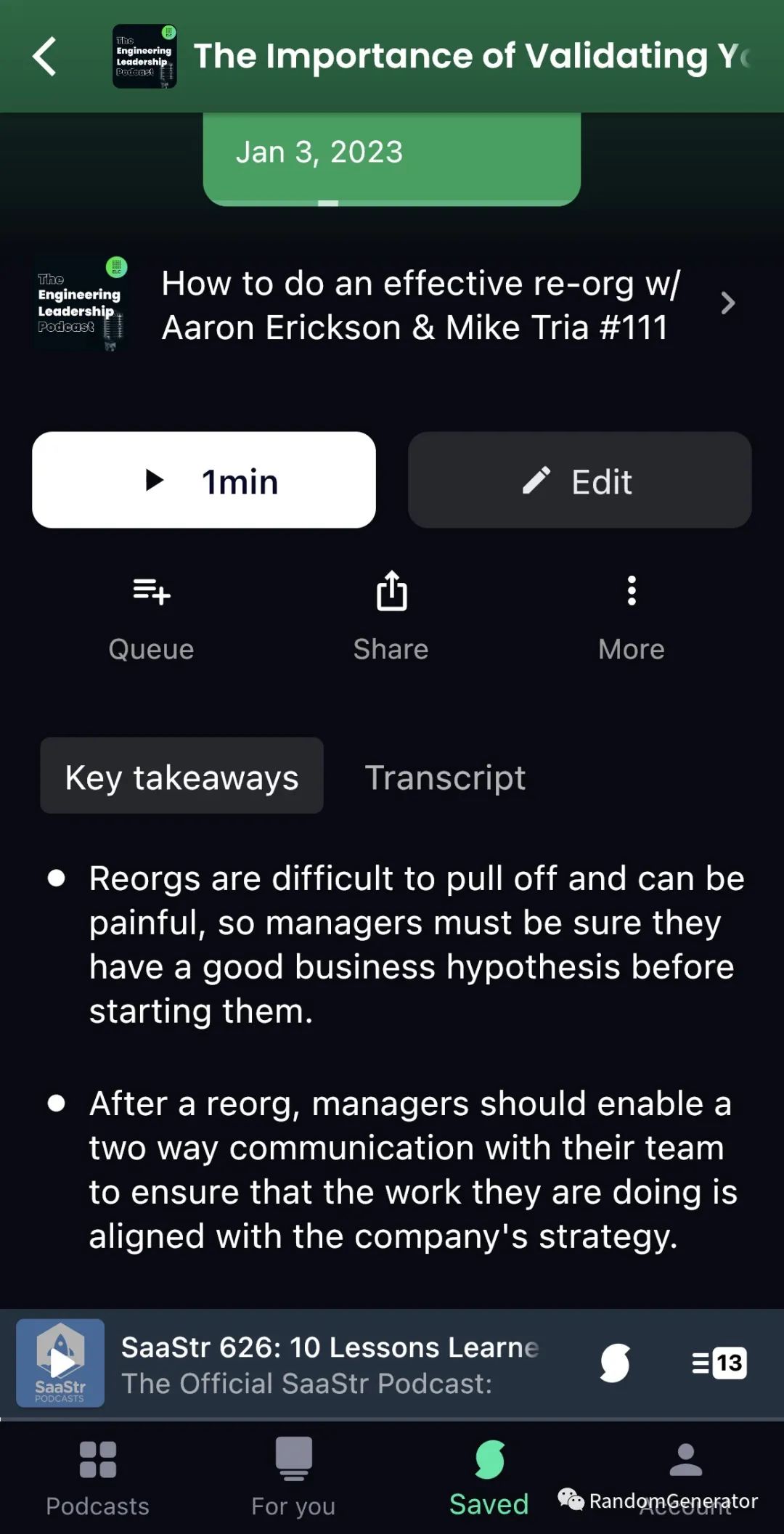Snipd 播客应用界面,展示播客笔记功能