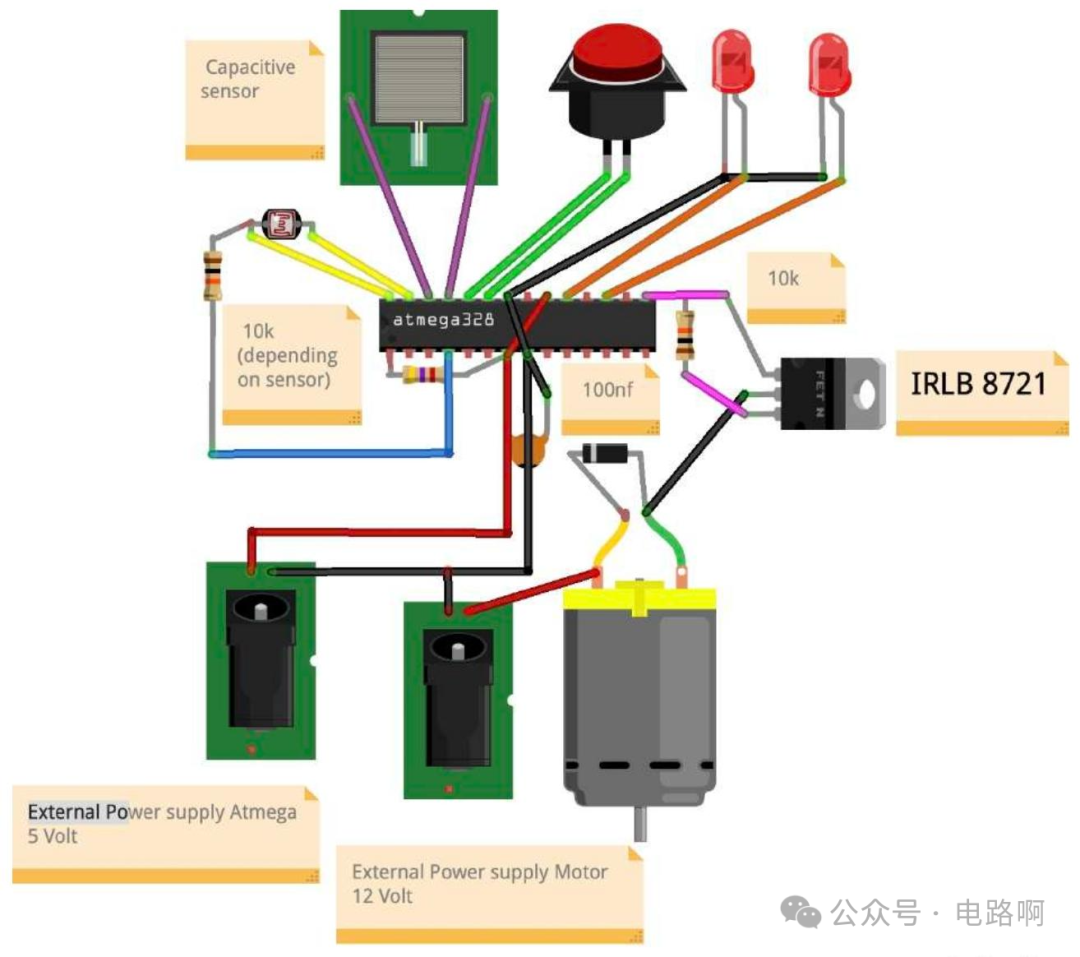 Atmega328电容式传感器按钮与电机驱动电路原理图