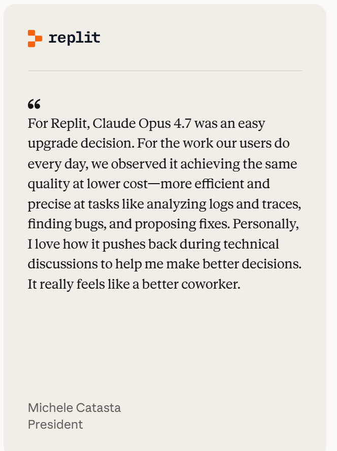 Replit对Claude Opus 4.7的评价引述