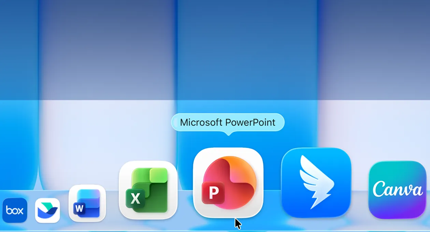 桌面展示Office应用图标，鼠标悬停在PPT上