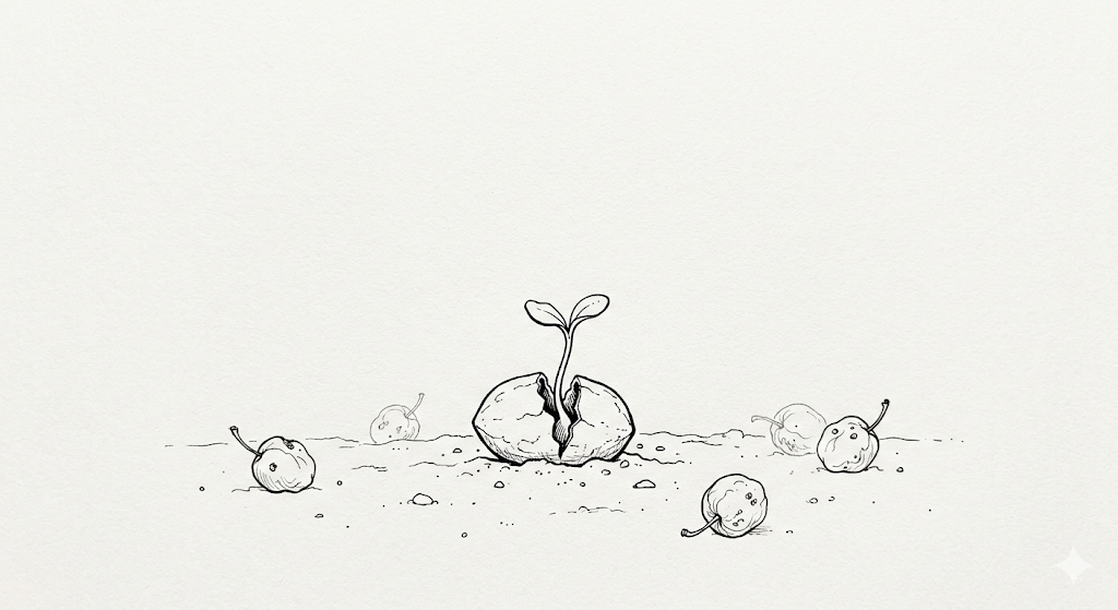 一颗破壳的坚果中长出嫩芽，象征新生与可能性