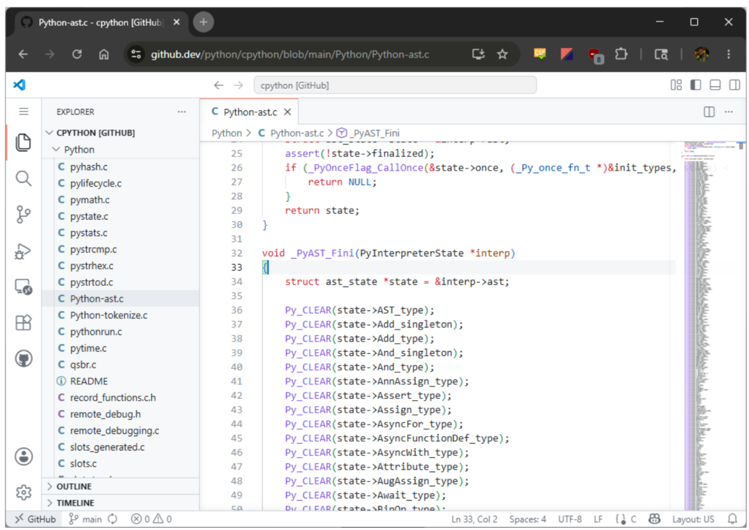 GitHub 上 Python-ast.c 源码片段,展示 _PyAST_Fini 函数