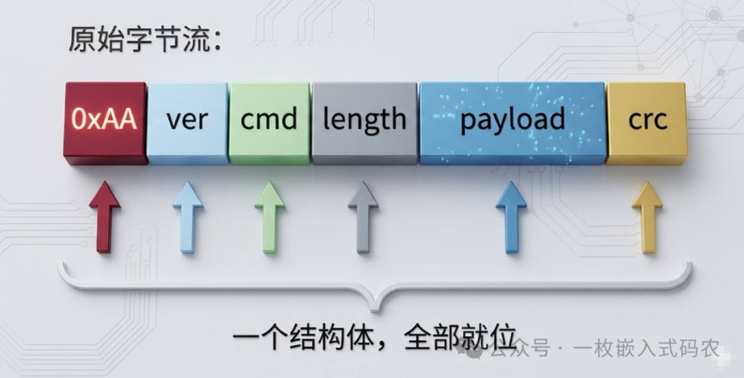 协议帧结构体与原始字节流映射示意图