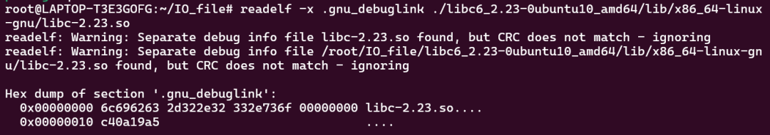 使用readelf查看libc文件的.gnu_debuglink节内容