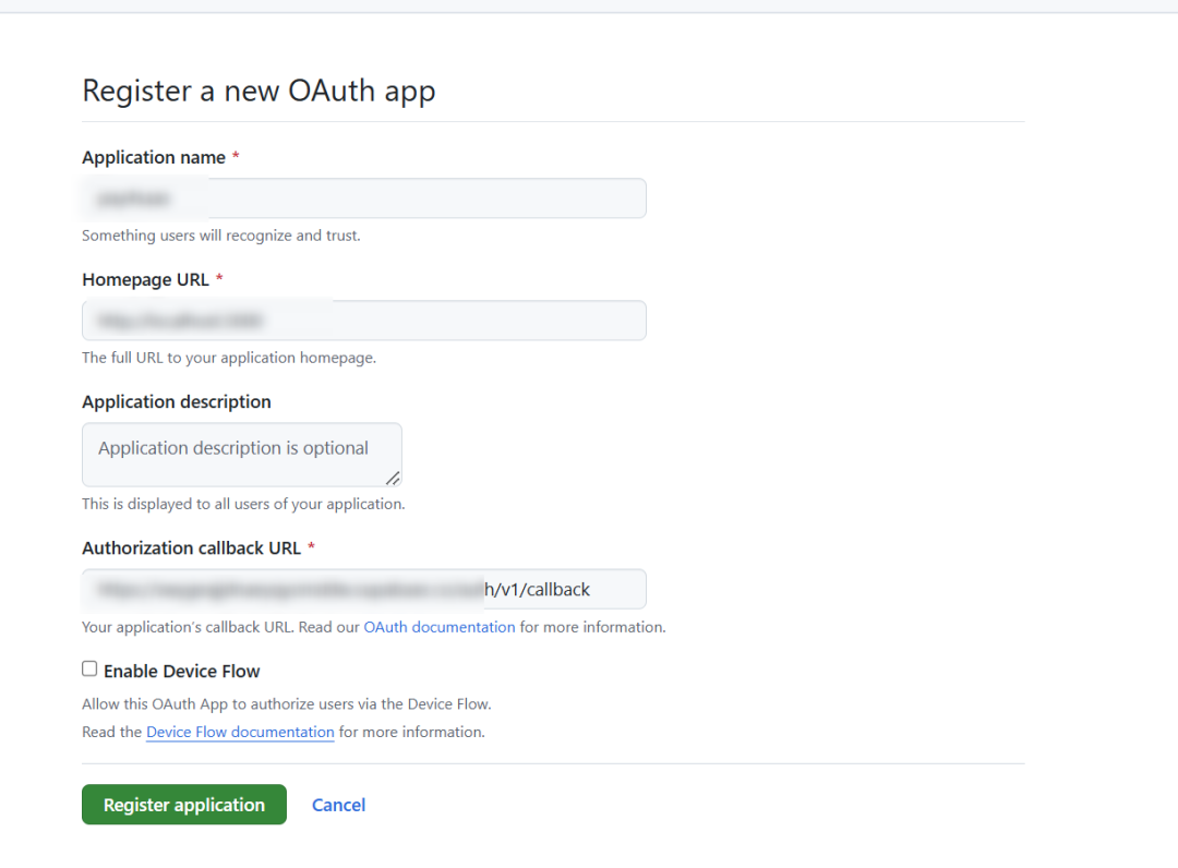 GitHub新建OAuth应用表单
