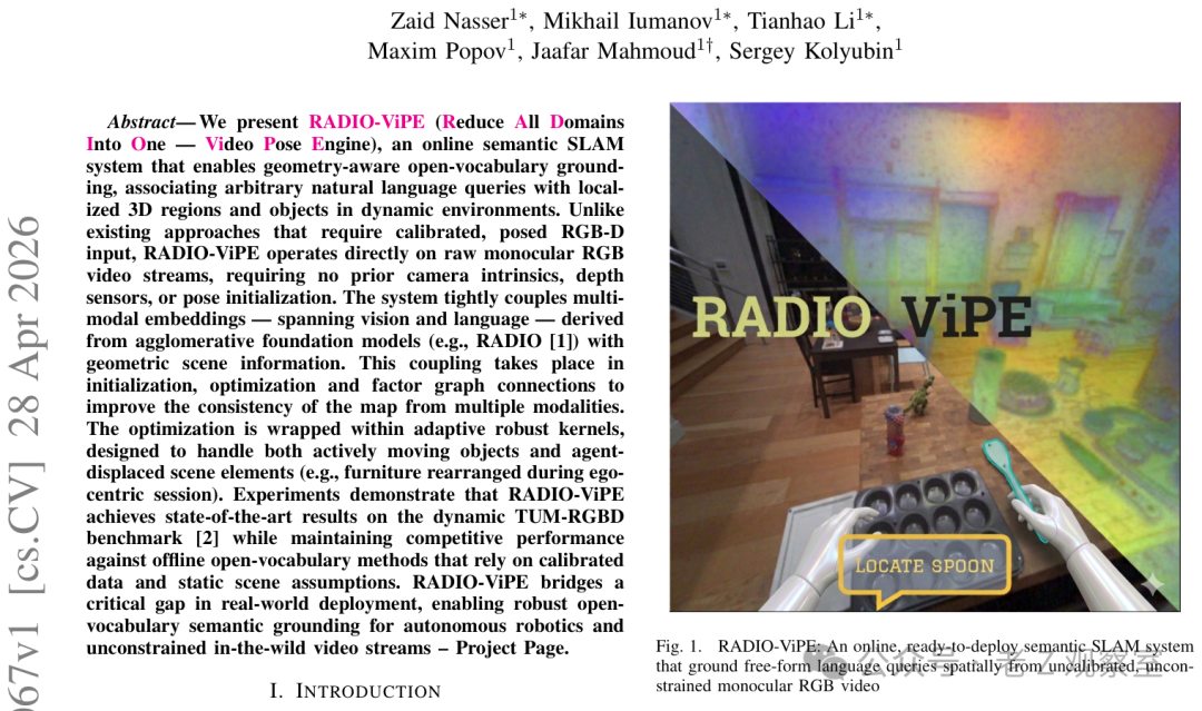 RADIO-ViPE论文核心图示：左侧为英文摘要与引言，右侧展示室内3D场景重建效果，机械臂手持勺子并标注“LOCATE SPOON”的开放词汇查询示例