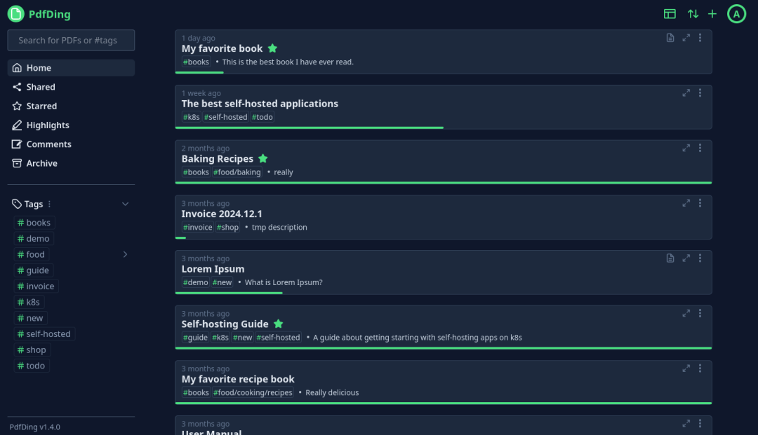 PdfDing应用主界面截图，展示PDF管理、标签搜索和多级导航功能
