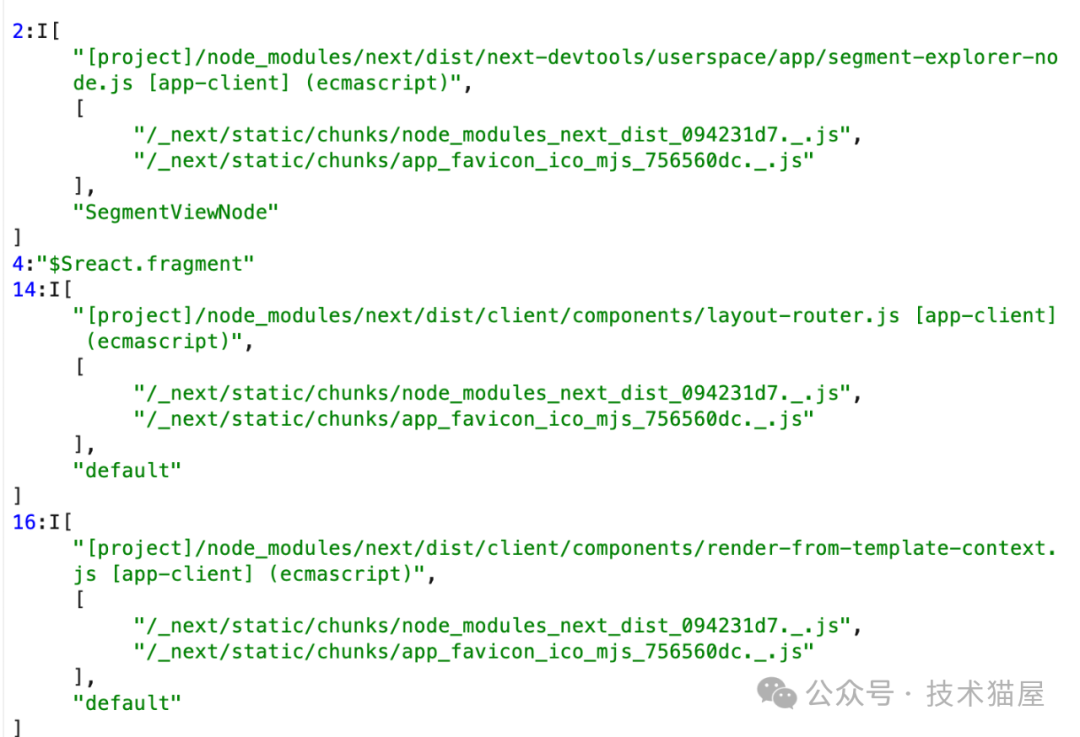 Flight 协议数据日志截图，含 Next.js 模块路径与 SegmentViewNode 等标识