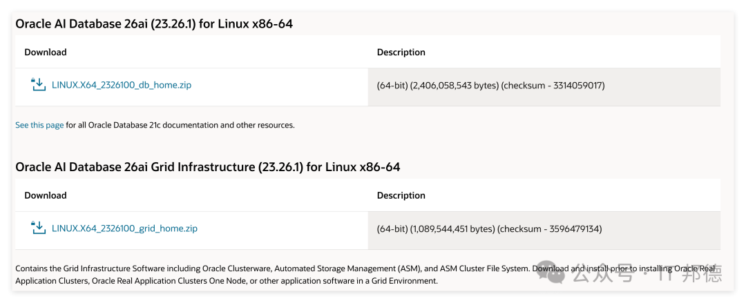 Oracle 26ai Database 与 Grid Infrastructure 下载页面