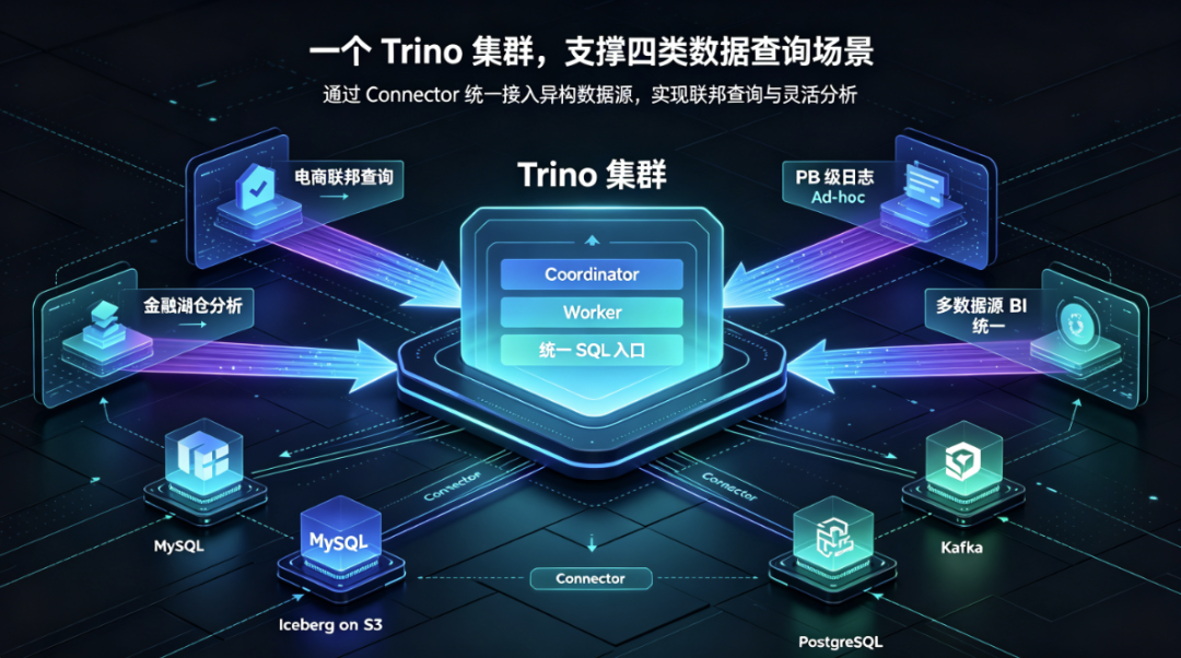 Trino集群联邦查询四类实战场景统一架构图