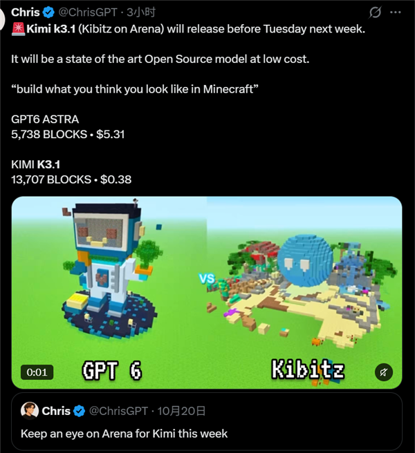 Kimi K3.1 Arena 测试发布预测推文