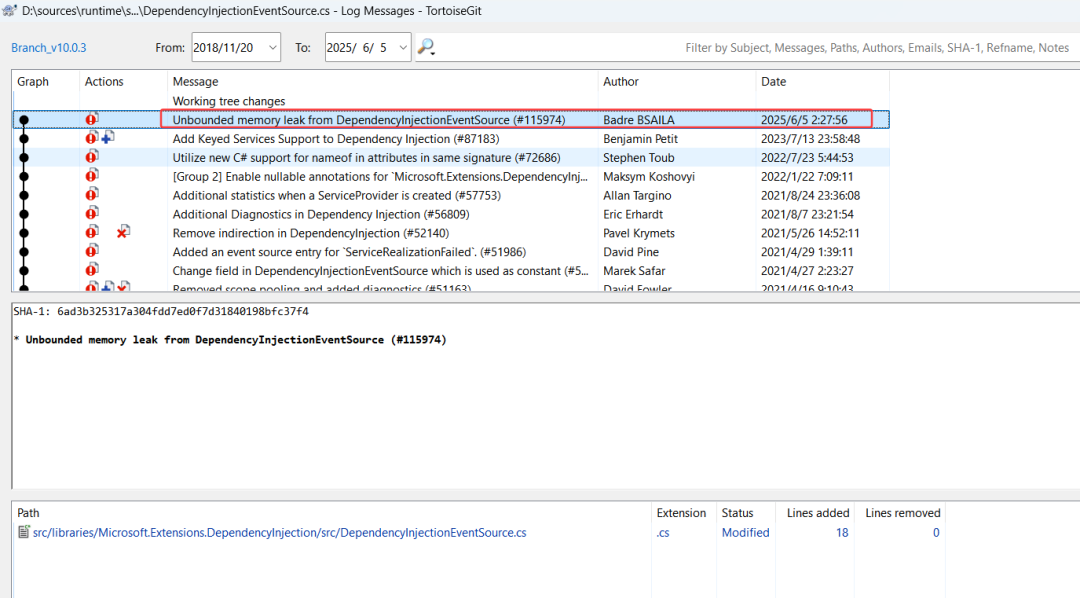 Git 提交记录截图：显示针对此内存泄漏的修复提交