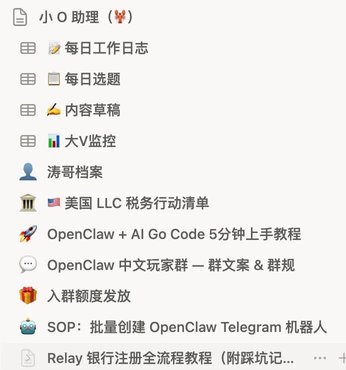 Notion数据库示例截图：包含工作日志、选题、内容草稿、监控等列表