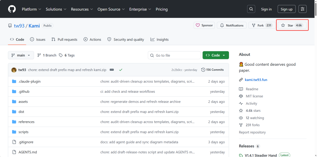 Kami GitHub 仓库主页，展示项目信息与 4.6k Star