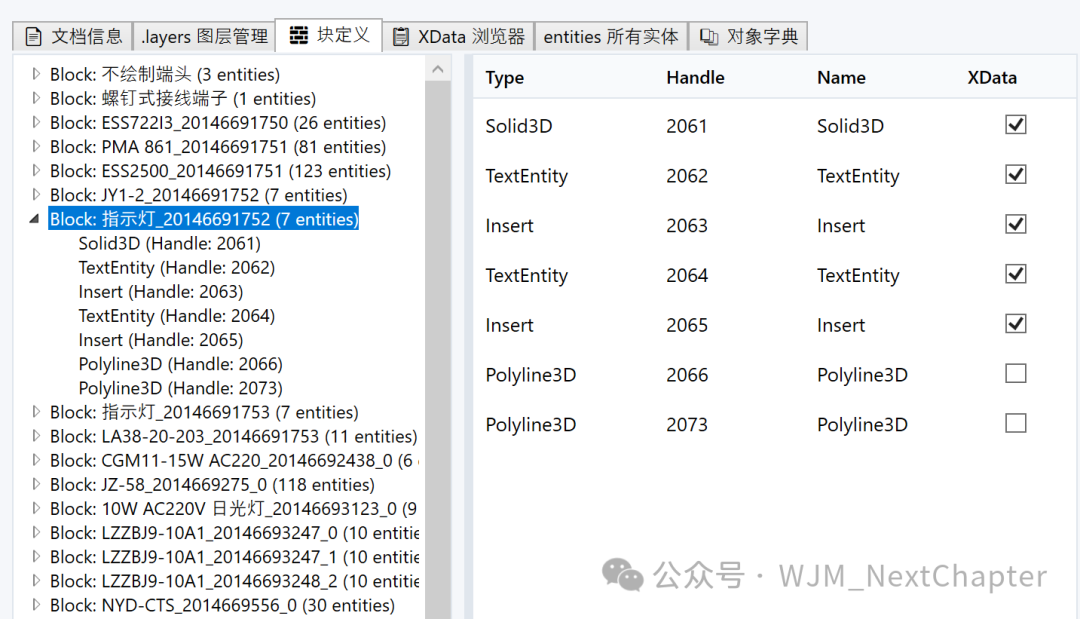 块定义分析界面，展示块内实体列表及其属性