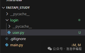 FastAPI项目目录结构图，包含login模块下的user.py文件