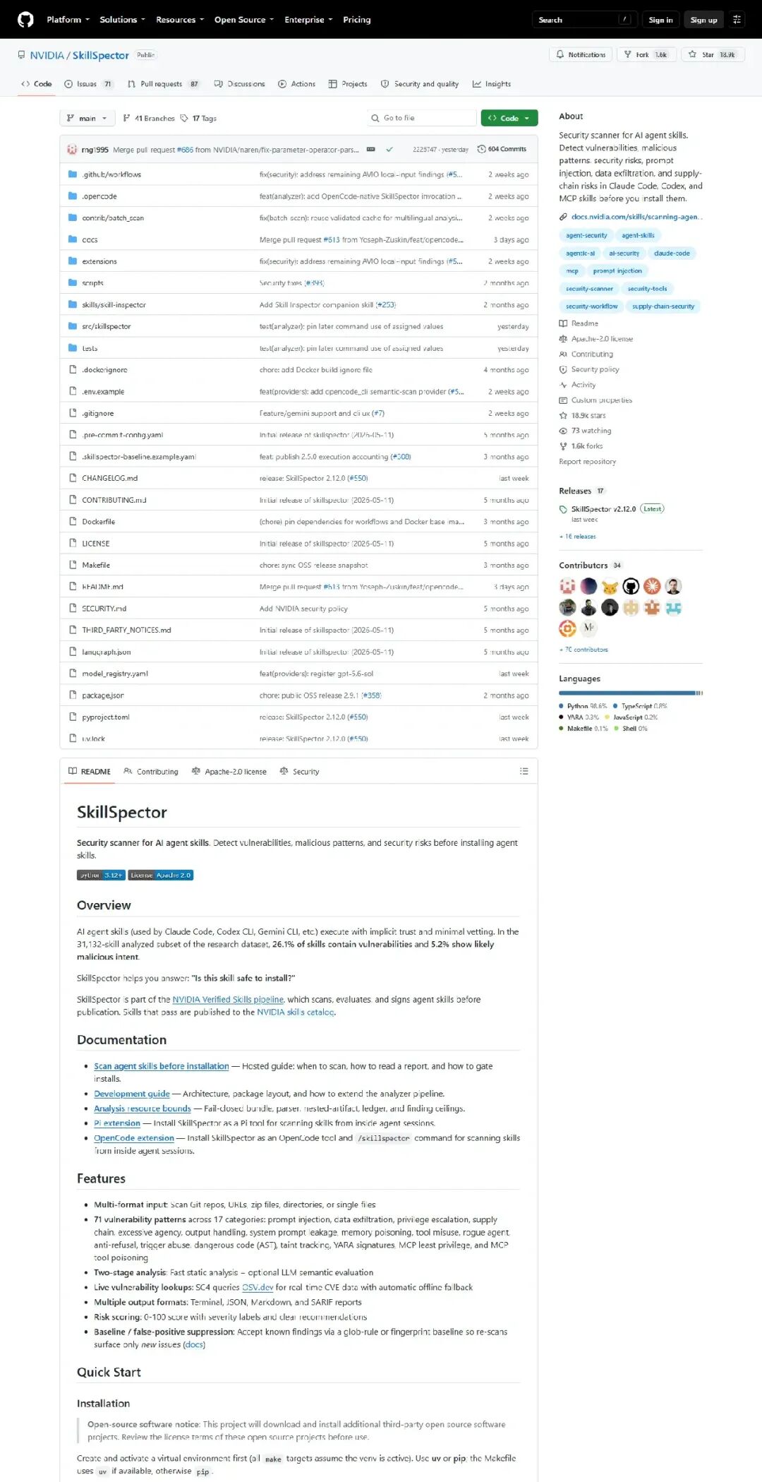 NVIDIA SkillSpector GitHub 仓库页面详情