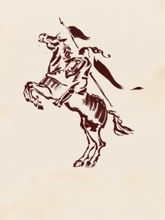 抽象动态骑马武士插画，水墨风格，四帧呈现跃起至奔跑的瞬间