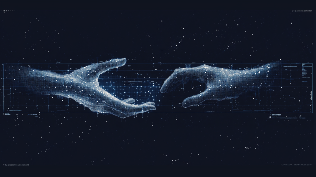 星空背景下由光点构成的两只接近的手