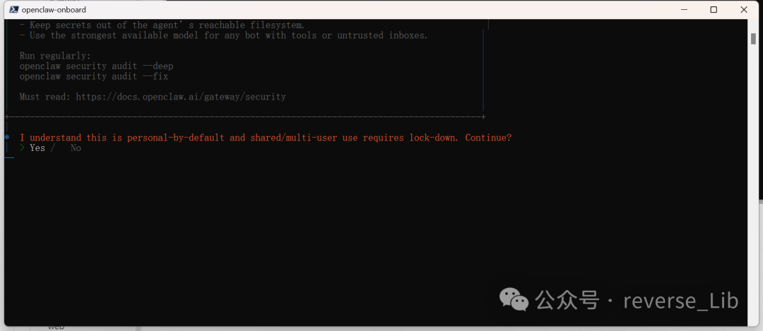 OpenClaw安全提示确认界面截图