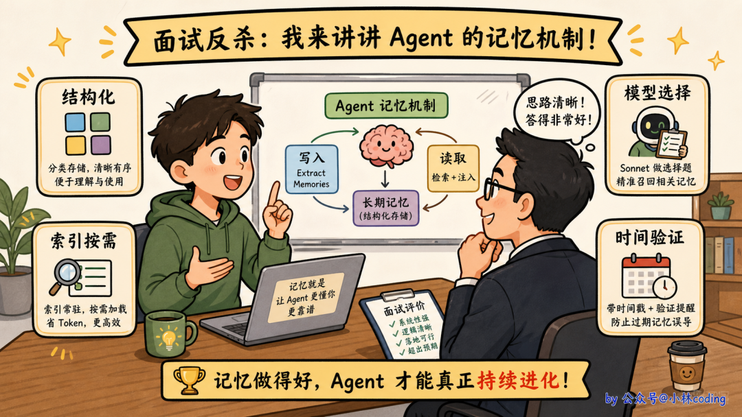 面试反杀场景插画:应聘者自信讲解Agent记忆机制,面试官听得很满意