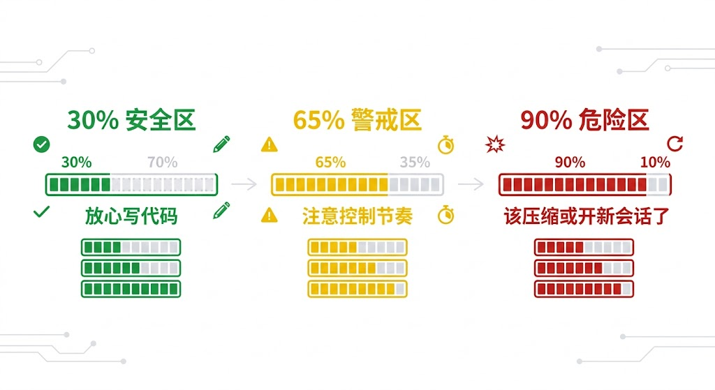 上下文使用率三阶段可视化图表（安全、警戒、危险）