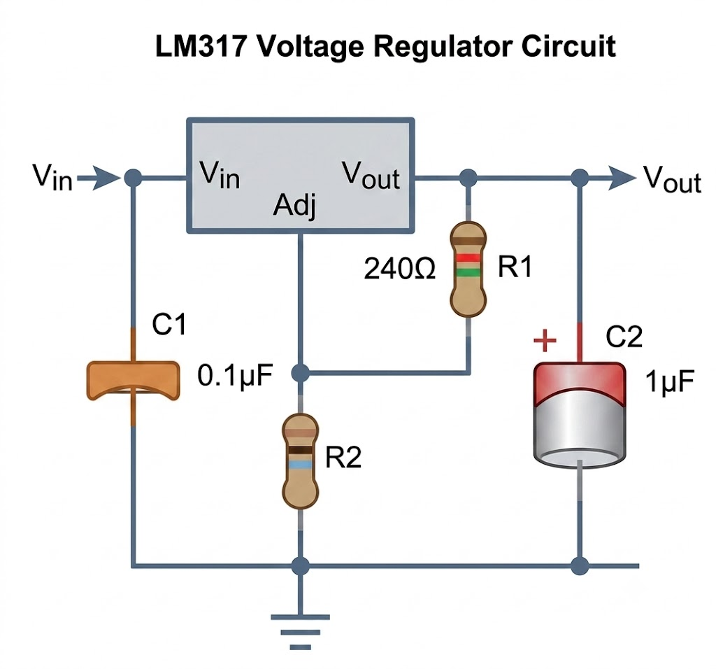 LM317基本电压调节器电路原理图:Vin、Adj、Vout、滤波电容与分压电阻
