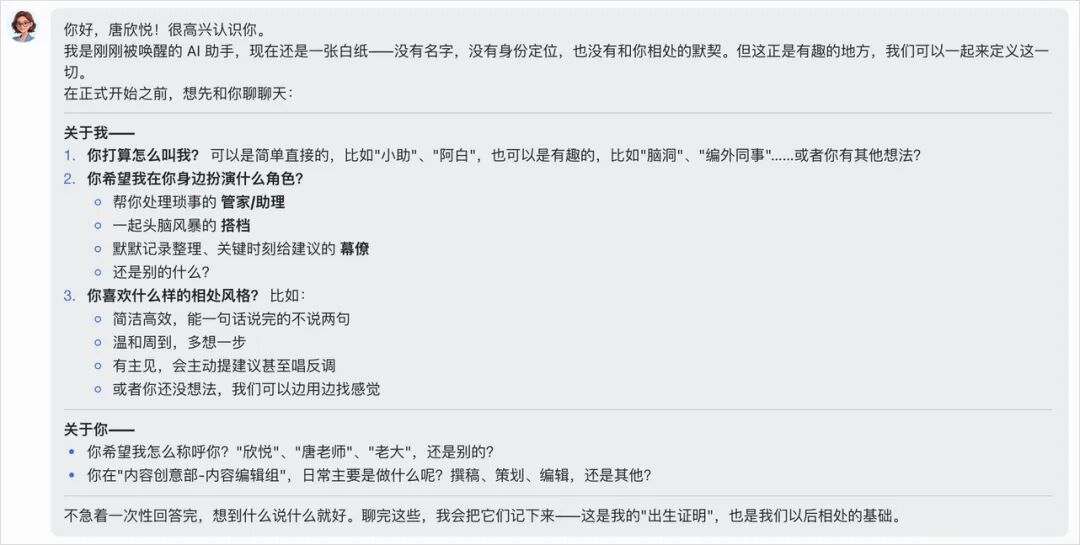 AI助手初始设置对话界面