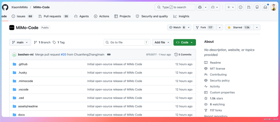 MiMo-Code 的 GitHub 仓库主页,含 Star、Fork 及文件目录结构